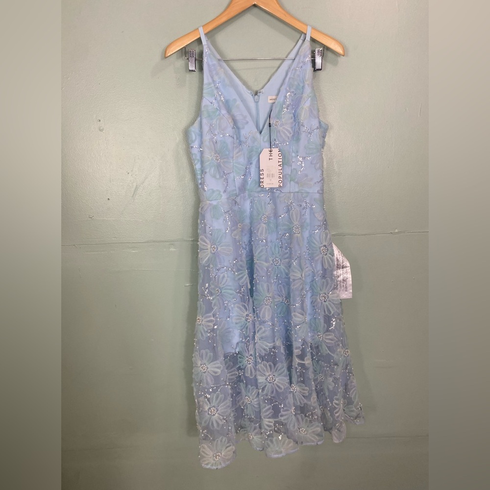Dress The Population Audrey Sleeveless Lace Overlay Midi Dress Blue Tulle Sz L - Picture 2 of 10